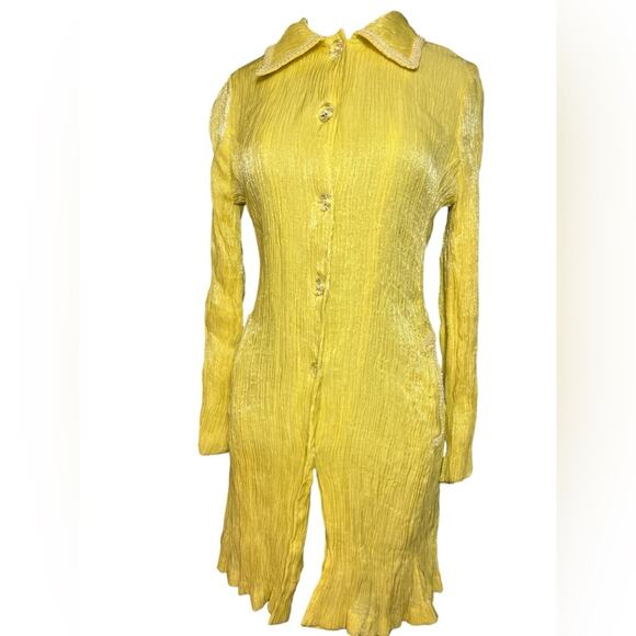 Vtg 60s Coquette Metallic Crinkled Rayon Fairy Embroidered Mod Shirt Dress XS - Picture 1 of 7